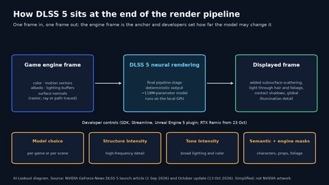 Diagram: game engine frame with color, motion vectors, albedo, lighting buffers and normals flows into DLSS 5 neural rendering as the final stage, then to the displayed frame; below, four developer controls: model choice, Structure Intensity, Tone Intensity, and semantic and engine masks.