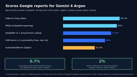 Horizontal bars of Google-reported scores for Gemini 4 Argon: LVBench 91.7%, ERQA 87%, DeepSWE v1.1 77.9%, CWE-bench v1 68% (tied first), AutomationBench 51.3%. Two boxes show 0.7% prompt-injection attack success on Gray Swan’s benchmark and 2% shortcut attempts on coding benchmarks.