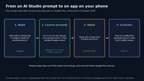 Four boxes joined by arrows: Build, vibe-coding an Android app in Google AI Studio by prompting Gemini; Launch privately, running it on your own devices through a personal library in Play with a standard Google account, rolling out in the US and select markets to people 18 and over; Share, with a close circle of friends and family, coming in the next months; and Graduate, an optional move to a professional developer account with the usual Trust and Safety reviews.
