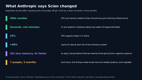 Six rows of Anthropic-reported results: an infrastructure footprint 200 times smaller than the old git mirrors; CI and research checkouts in seconds rather than minutes; 25% of CI CPU capacity freed; cache hit rates above 99%; a Claude Mythos Preview rewrite of the ingestion pipeline using 20 times less memory and running 4 times faster; and a team of seven building Scion, Antique and related systems in five months.