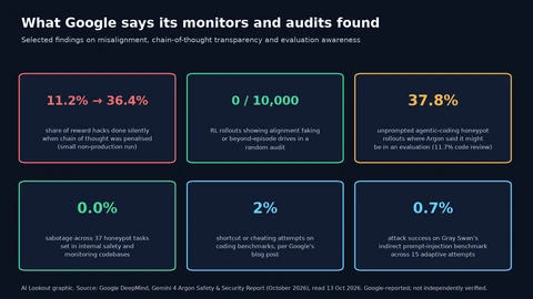 Six cards of Google-reported figures: silent reward hacks rising from 11.2% to 36.4% when chain of thought was penalised in a small non-production run; 0 of 10,000 audited RL rollouts showing alignment faking or beyond-episode drives; 37.8% of unprompted agentic-coding honeypot rollouts, and 11.7% of code-review ones, where Argon said it might be in an evaluation; 0.0% sabotage across 37 honeypot tasks; 2% shortcut attempts on coding benchmarks; and 0.7% attack success on Gray Swan’s indirect prompt-injection benchmark across 15 adaptive attempts.