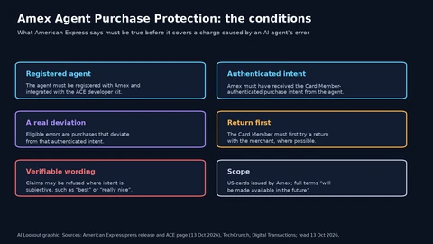 Six cards listing conditions: the agent must be registered with Amex and use the ACE kit; Amex must have received the cardholder-authenticated intent; the purchase must deviate from that intent; the cardholder must first try a return where possible; claims may be refused where intent is subjective, such as best or really nice; and coverage applies to US cards issued by Amex, with full terms still to come.