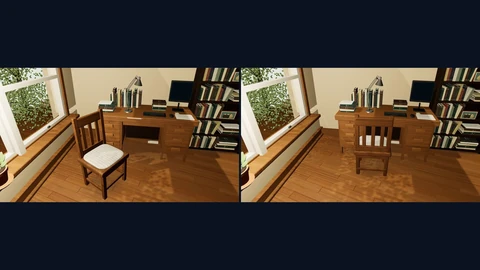 Two Three.js renders of the same home office from the same camera position. On the left, the wooden chair with a white cushion stands by the window, away from the desk. On the right, after a code edit, the same chair sits directly in front of the desk facing the monitor; everything else is unchanged.