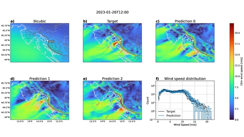 Six-panel research figure of 10 m wind speed over the Adriatic coast of Croatia during a Bora event: a blurry 100 km input map, the sharp 3 km X-SHiELD target, three HiROv2-generated 3 km samples with arrows at the strongest winds, and a histogram comparing target and predicted wind speeds.
