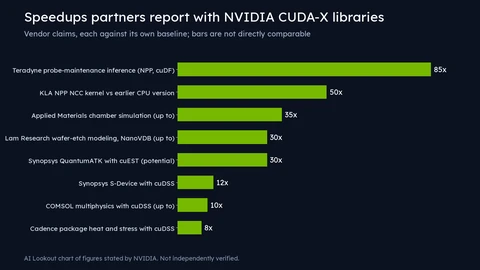 Horizontal bar chart of vendor-reported speedups: Teradyne about 85x, KLA 50x, Applied Materials up to 35x, Lam Research up to 30x, Synopsys QuantumATK potential 30x, Synopsys S-Device 12x, COMSOL up to 10x and Cadence 8x.