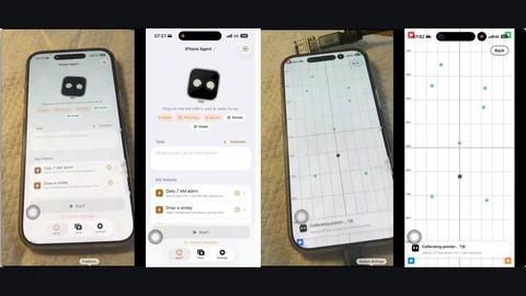 Four panels: a photo of an iPhone running the ESP32 Agent app, the same app screen as the agent receives it, a photo of the phone during pointer calibration with green dots, and the calibration grid as the agent sees it.
