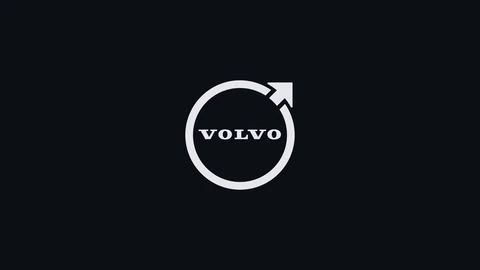 Volvo Iron Mark logo, a diagonal slash through a circle, rendered in light silver on a dark navy background.