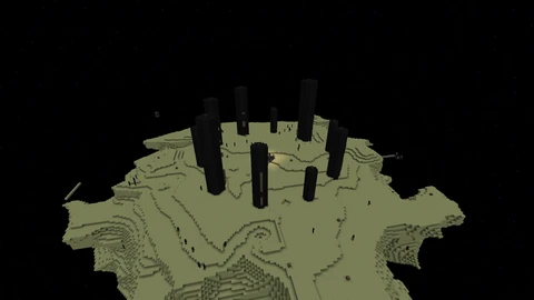 Aerial render of the Minecraft End island: a pale yellow landmass floating in black space, ringed by tall dark obsidian pillars, with small dark Enderman figures scattered across the ground.