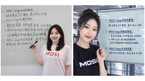 Two AI-generated images, each of a smiling woman holding a marker beside a whiteboard covered in Chinese text about MOSS-Image. The right-hand version, from the SFT model, has neater, better grouped lines.