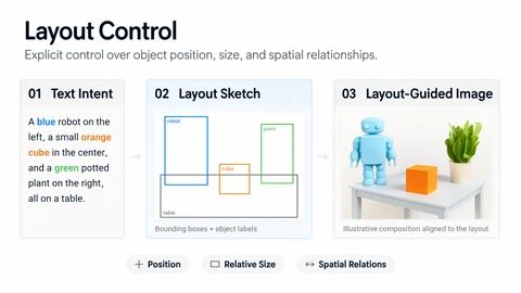 Three-panel diagram titled Layout Control: a text request for a blue robot, an orange cube and a green plant on a table, a sketch of labelled bounding boxes, and the resulting image with the objects placed as boxed.