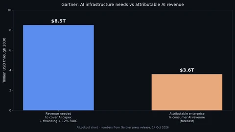AiLookout bar chart comparing 8.5 trillion dollars of revenue Gartner says AI data-center owners would need through 2030 against 3.6 trillion dollars of attributable enterprise and consumer AI revenue.