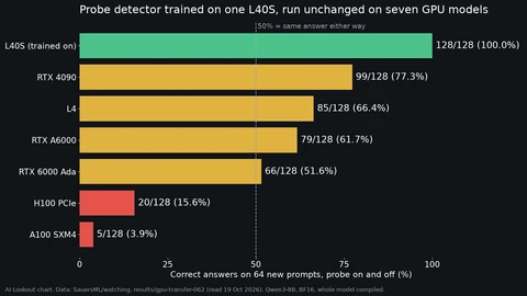 Horizontal bar chart of correct answers by the probe detector on seven GPU models: L40S 128 of 128, RTX 4090 99, L4 85, RTX A6000 79, RTX 6000 Ada 66, H100 PCIe 20 and A100 5, with a dashed line at 50 percent.