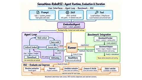 Diagram of the SenseNova-RoboRSI system: prompt, skill and tool inputs feed an EmbodiedAgent, whose agent loop exchanges actions and observations with a runner and benchmark adapter, while an RSI loop evaluates, improves and selects agent versions.