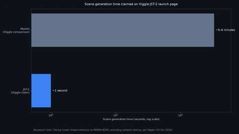AiLookout horizontal bar chart on a dark background comparing claimed scene generation times: JST-2 about one second versus Marble about five to six minutes on a log scale.