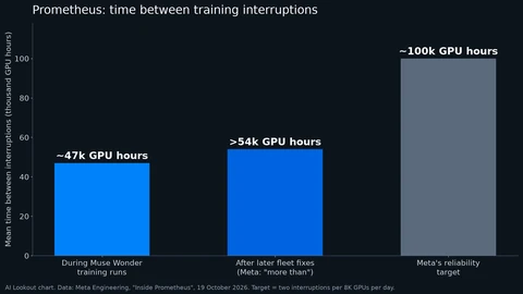 Bar chart of mean time between training interruptions on Prometheus: about 47 thousand GPU hours during Muse Wonder training, more than 54 thousand after later fleet fixes, and a target of about 100 thousand.