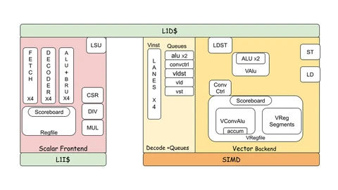 Block diagram of the Coral NPU: a pink scalar frontend with fetch, decode and ALU units and a register file, a cream decode and queues block, and a yellow vector backend with vector ALUs, a convolution unit and vector registers, joined by L1 instruction and data caches and a SIMD bar.