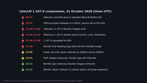 Vertical timeline in UTC for 21 October 2026: attacker commits at 08:57, release run at 10:51, infected Docker images 11:00 to 11:06, wheels built 11:20 to 11:37, PyPI upload 11:39 to 11:40, public report 12:06, PyPI removal by 13:23, Docker images removed 14:32, stolen token finding 16:32.