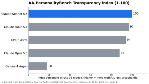 AI Lookout bar chart of the AA-PersonalityBench Transparency index: Claude Sonnet 5.5 100, Claude Fable 5.1 97, GPT-6 Astra 94, Claude Opus 5.5 88 and Gemini 4 Argon 18.