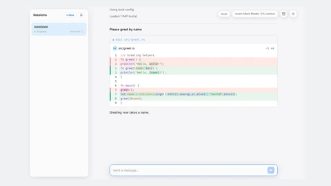Screenshot of the Infinity Code web interface with a sessions list on the left and, in the main pane, a red and green diff of a Rust file named greet.rs that changes a greeting function to take a name.