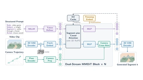 Diagram of the Hy-Nomas pipeline. A structured prompt, a video clip and a camera trajectory each pass through encoders into a dual-stream transformer block with segment-wise causal attention, a KV cache, camera cross-attention and a 3D VAE decoder that outputs the next generated segment.
