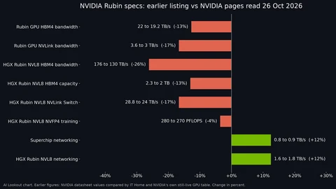 Horizontal bar chart of percent changes in NVIDIA Rubin specifications. Six red bars go left: GPU memory bandwidth 22 to 19.2 TB/s, GPU NVLink 3.6 to 3 TB/s, HGX NVL8 memory bandwidth 176 to 130 TB/s, HGX memory capacity 2.3 to 2 TB, HGX NVLink Switch 28.8 to 24 TB/s and HGX NVFP4 training 280 to 270 PFLOPS. Two green bars go right: superchip networking 0.8 to 0.9 TB/s and HGX networking 1.6 to 1.8 TB/s.