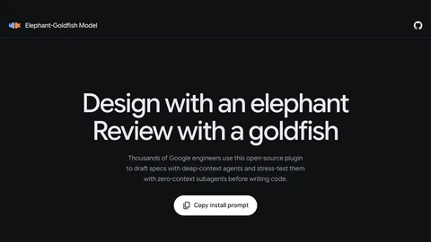 Dark project web page headed Design with an elephant, review with a goldfish, saying thousands of Google engineers use the open-source plugin, with a button to copy an install prompt.