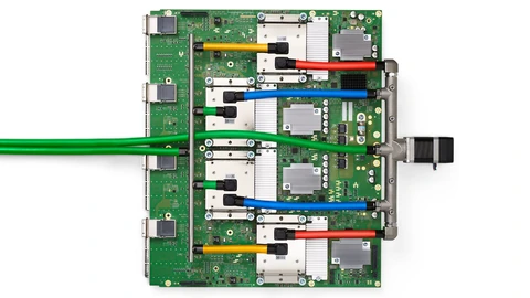 Technical illustration of a Google TPU v4 board with labeled components. No people appear.