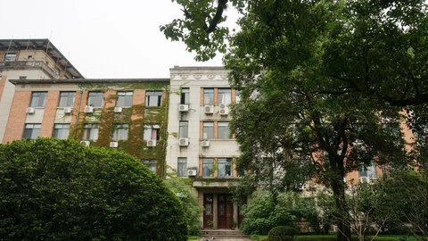 Ivy-covered red-brick teaching building with a light stone central entrance and a blue shared bicycle on a stone path. No people appear.