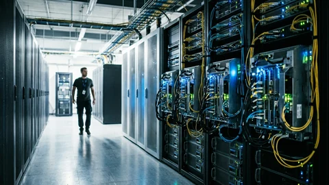 AI-generated image of a data center corridor with server racks.