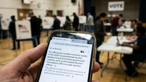 AI-generated image of a phone search with an AI answer about an election.