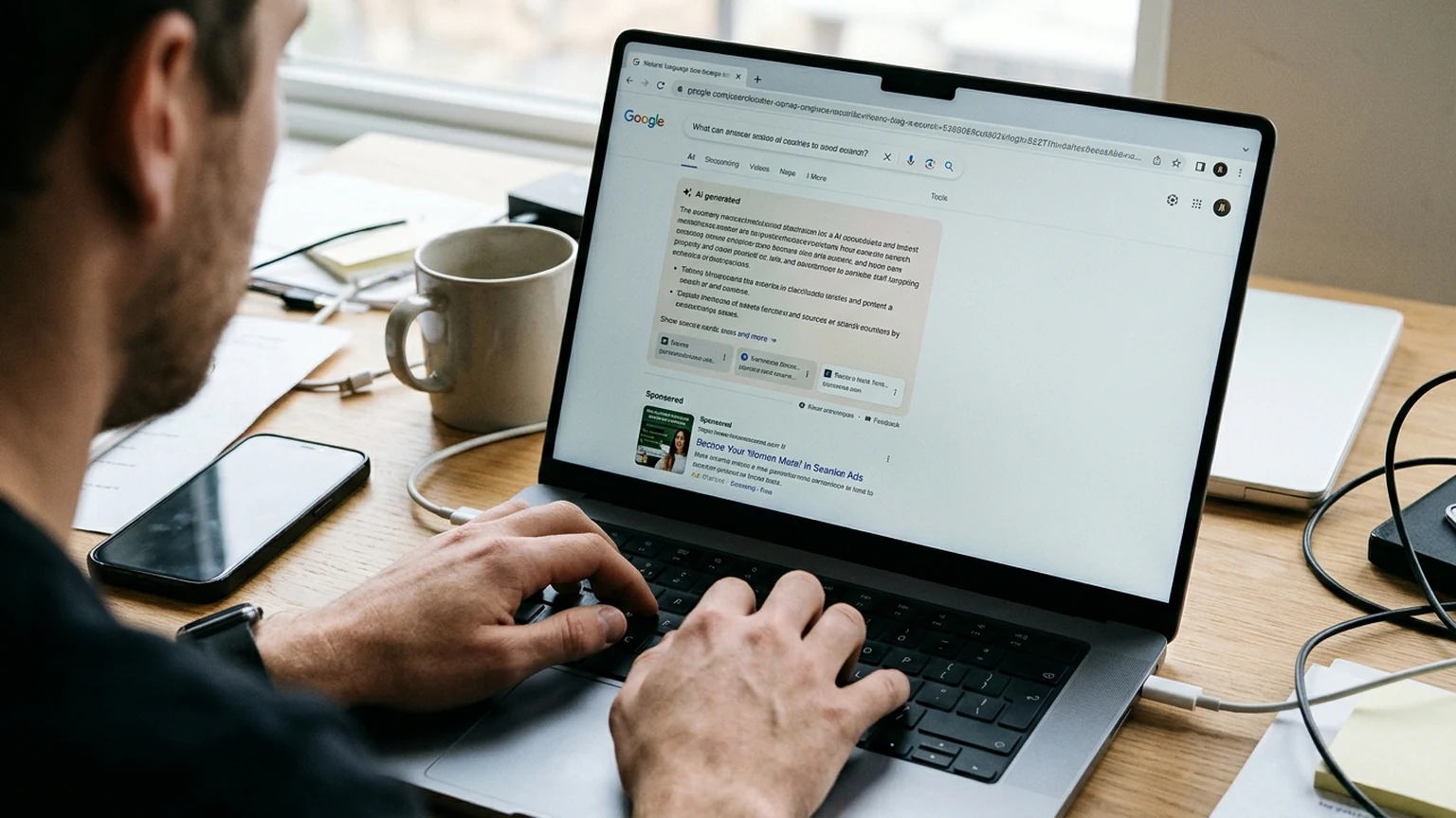 AI-generated image of a person searching with an AI-generated answer and a sponsored placement.