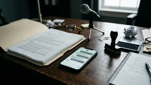 AI-generated desk with phone and documents.