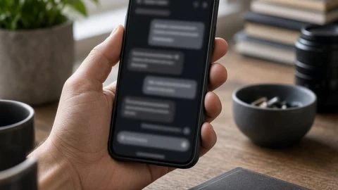 AI-generated editorial-style image of a hand holding a smartphone over a desk with a notebook, showing an on-device app.