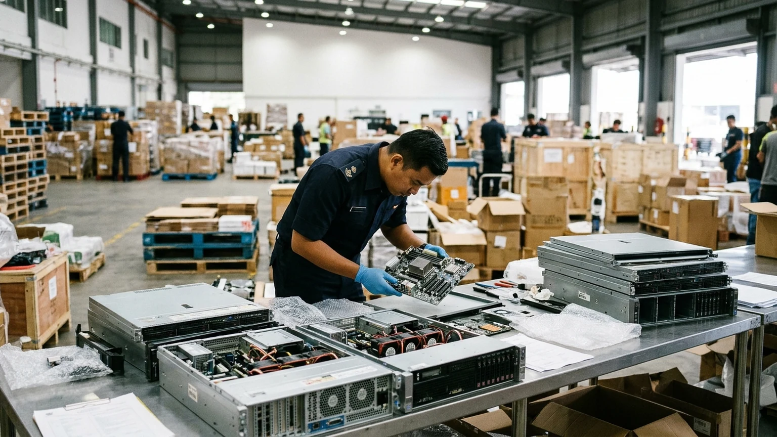 AI-generated image of a customs officer inspecting servers with chips.