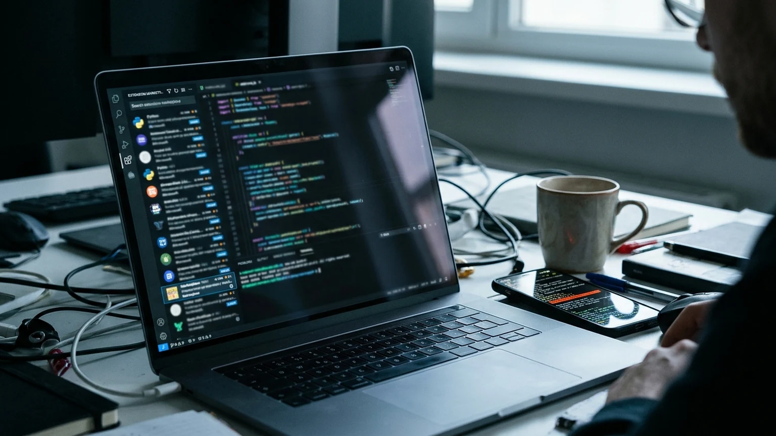 AI-generated developer desk with laptop.