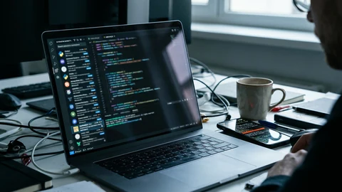 AI-generated developer desk with laptop.