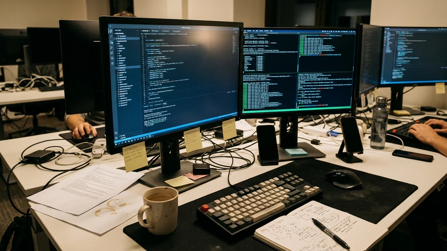 AI-generated image of a developer desk with monitors.