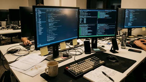 AI-generated image of a developer desk with monitors.