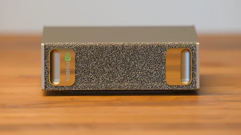 Front view of an NVIDIA DGX Spark desktop AI computer.