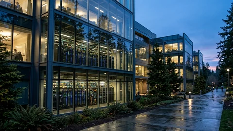 AI-generated image of a corporate campus at dusk with server racks visible through glass.