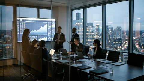 AI-generated image of a corporate meeting with a financial chart on screen.