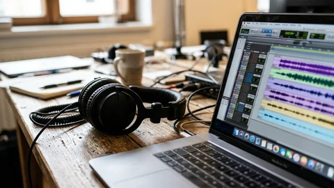 AI-generated image of headphones and an audio waveform editor on a desk.