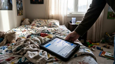 AI-generated image of a tablet with a chat app in a child's bedroom.