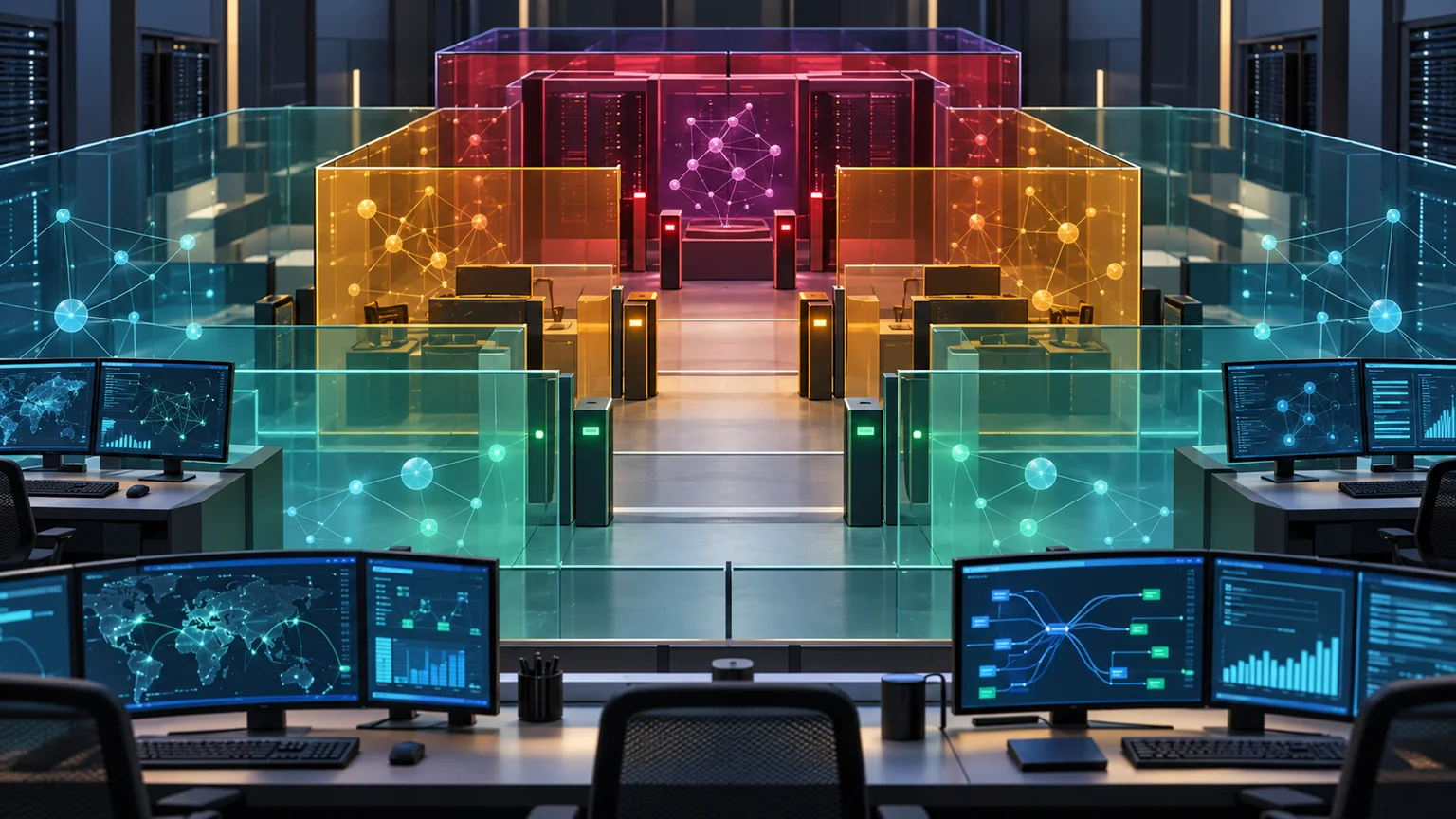 Editorial illustration of three nested cybersecurity access zones around monitored computer workstations.