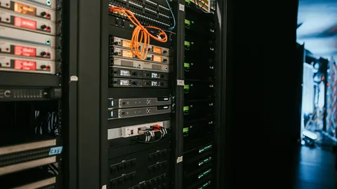 Server equipment and bundled cables in a server room.