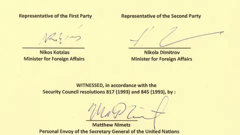 Cropped page showing the three signatures on the 2018 Prespa Agreement.