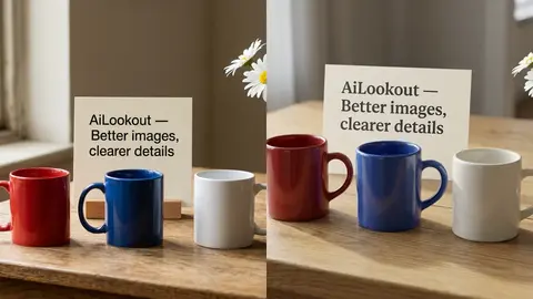 Side-by-side AI-generated tabletop scenes with three colored mugs, a printed AiLookout card and a vase of white daisies.