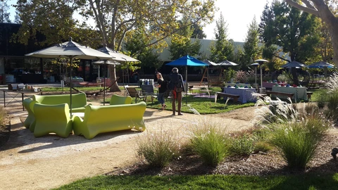 A lime-green outdoor sofa and a beige patio umbrella on a gravel path, with two people standing on a Googleplex lawn among picnic tables and trees.