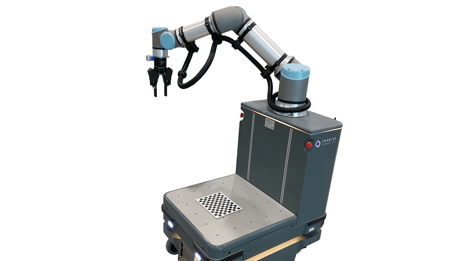 A grey Enabled Robotics ER-FLEX mobile base with a silver collaborative arm and two-finger gripper on a white studio background. A small checkerboard sits on the payload deck. No people appear.