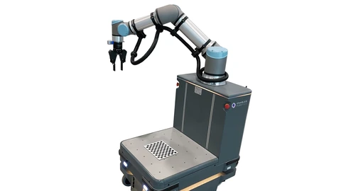 A grey Enabled Robotics ER-FLEX mobile base with a silver collaborative arm and two-finger gripper on a white studio background. A small checkerboard sits on the payload deck. No people appear.